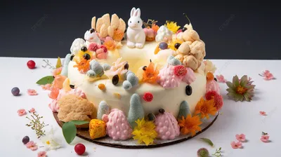 Изображение торта с фруктами и карамельными лентами