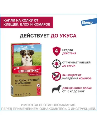 Капли на холку Адвантикс® от клещей, блох и комаров для собак от 10 до 25  кг– в Санкт-Петербурге