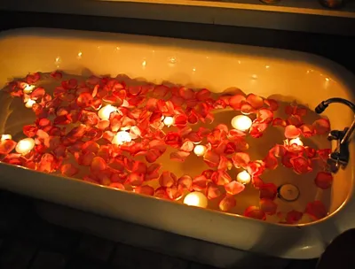 В современной квартире ванна с водой и лепестками роз :: Стоковая  фотография :: Pixel-Shot Studio