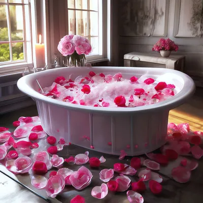 Спа аксессуары и свечи на ванне, наполненные пеной и лепестками роз ::  Стоковая фотография :: Pixel-Shot Studio