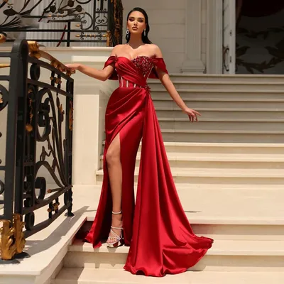 Женское вечернее платье с аппликацией, красное платье с высоким разрезом,  плиссированное коктейльное платье для приморской вечеринки, выпускного  вечера | AliExpress