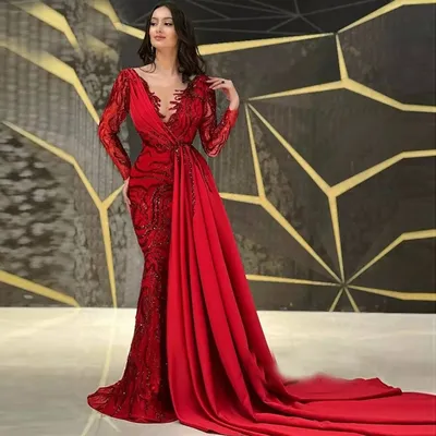 ₪462-Красное платье выпускного вечера с v-образным вырезом, кружевное вечернее  платье, верхняя юбка, длинные рукава, русалка, блестящ-Description