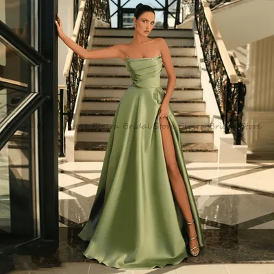 Классические Вечерние платья зеленого цвета с разрезом сбоку, с открытой  спиной и шлейфом, без бретелек, без рукавов, атласные вечерние платья |  AliExpress