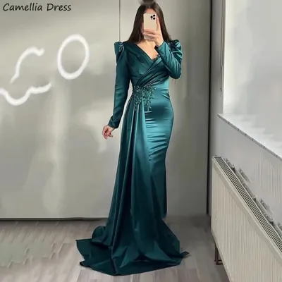 Элегантное вечернее платье с длинным рукавом, элегантное атласное женское  платье изумрудно-зеленого цвета с юбкой-годе, официальное вечернее платье, вечернее  платье | AliExpress