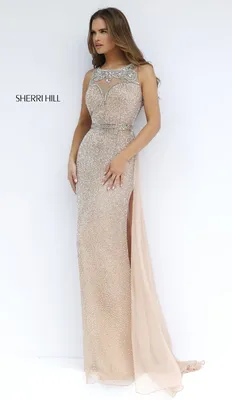 Бежевое платье со стразами на выпускной Sherri Hill 11289 ✓ купить в салоне  Виктория!