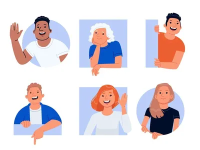 Улыбающиеся веселые любопытные люди. набор символов счастливых мужчин и  женщин подглядывать и приветствовать. векторная иллюстрация в плоском стиле  | Премиум векторы