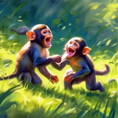 Веселые обезьянки играют на траве» — создано в Шедевруме