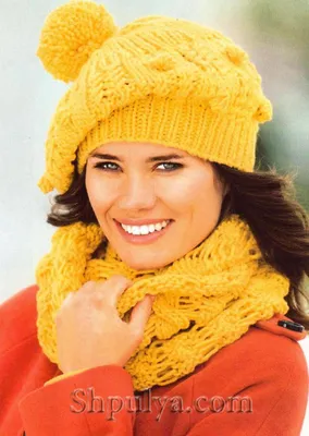 Вязаная желтая шапка и шарф с косами спицами — Shpulya.com - схемы с  описанием для вязания спицами и крючком