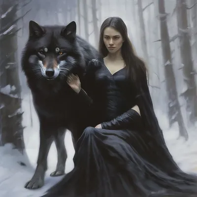 Волк защищает девушку в чёрном» — создано в Шедевруме