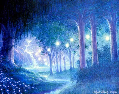 Фото Волшебный лес с голубыми цветами на тропинке