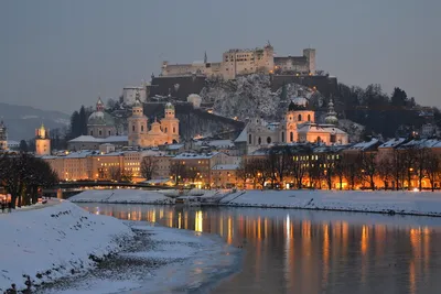 Фотографии Зальцбург Австрия HDR Зима Снег Сверху Горизонт город