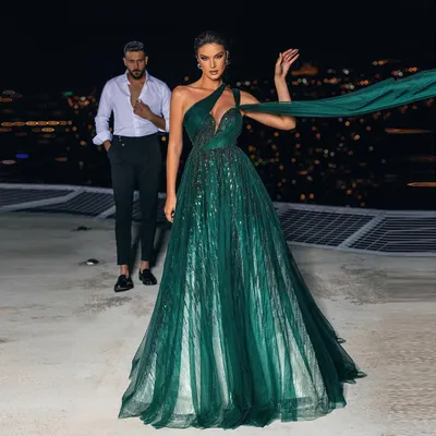 Элегантные зеленые вечерние платья а-силуэта, асимметричные платья на одно  плечо без рукавов, тюлевые блестящие платья в пол с бисером для выпускного  вечера | AliExpress