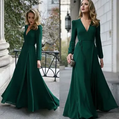 Зеленые платья для выпускного вечера, шифоновые платья в пол с глубоким  v-образным вырезом и длинным рукавом, арабские платья для вечеринок, 2020 |  AliExpress