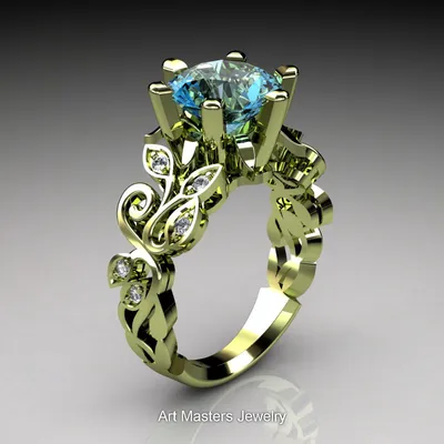 Nature Inspired 14K Green Gold 3.0 Ct Blue Topaz Diamond Leaf and Vine  Crown Solitaire Ring RNY101-14KGGDBT | Art Masters Jewelry