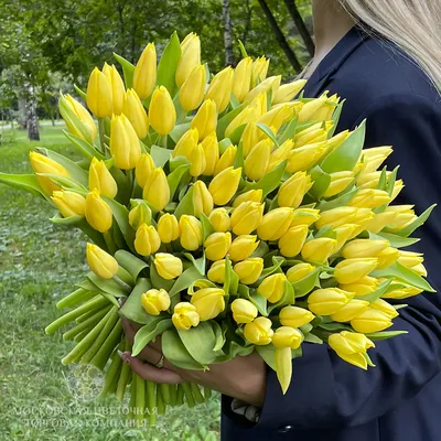 Купить желтые тюльпаны в коробке: Заказать 75 тюльпанов в шляпной коробке |  Royal-Flowers