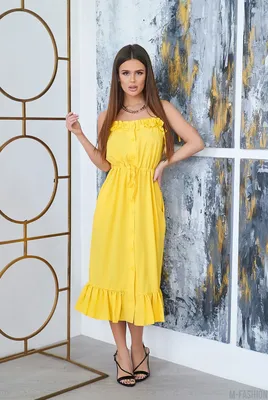 Желтый сарафан на бретельках с рюшами купить, цены на Женская одежда и юбки  в интернет магазине женской одежды M-FASHION