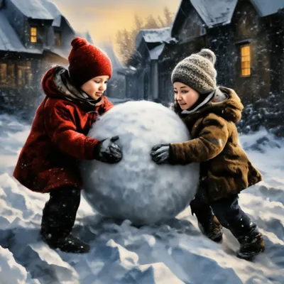 Скачать обои снег, зима, дети, снеговик, мальчики разрешение 640x960 #129180