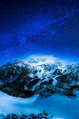 Фон рабочего стола где видно ночное небо, звезды, горы, зима, снег,  природа, Night sky, stars, mountains, winter, snow, nature